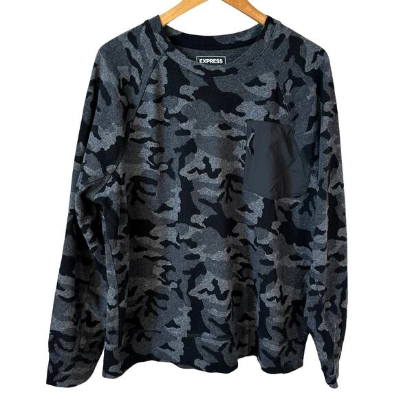 EXPRESS Men's Camouflage Crew Neck Pocket Pullover Sweatshirt Gray Large Casual - Picture 1 of 6